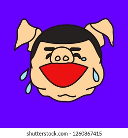 emoticon or emoji of fat pig guy whos face is expressing laughter or joy, happily crying character, well-fed piggy drawing, pork personage with thin outlines, simple handdrawn illustration