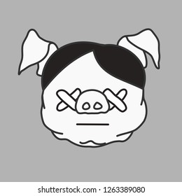 emoticon or emoji of fat pig guy with x-like dead eyes & neutral face that represents death, well-fed piggy drawing, pork personage with thin outlines, funny porky cartoon character