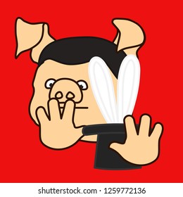 emoticon or emoji of fat pig magician that shows a focus with his top hat & a rabbit, illusionist pulls ears of the hare from the tall hat, wizard shows a trick with hand gestures