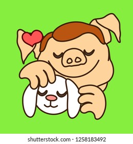 emoticon or emoji of fat pig man that is petting a rabbit or wild hare with pleasure & love by stroking its hair & scratching its ears by hand while being surrounded by heart symbols