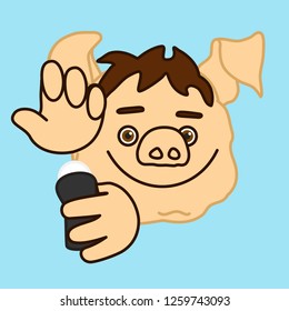 emoticon or emoji of fat pig man that is applying antiperspirant to armpits or underarms to eliminate his scent or bad smell & stop sweating & perspiration, deodorant or body spray usage