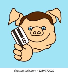 emoticon or emoji of fat pig man is going to pay merchant for some service or goods w. credit card, cardholder charging money from ATM or paying w. payment card using POS terminal system
