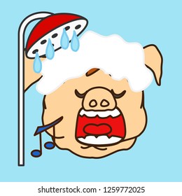 emoticon or emoji of fat pig man that is singing loud in a shower with his eyes closed, wet head covered in foam & a music note flying around, well-fed piggy drawing, pork personage with thin outlines