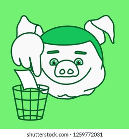 emoticon or emoji of fat pig man that is showing where to recycle garbage paper by throwing it into a busket, pointing his finger to eco friendly recycler, well-fed piggy drawing