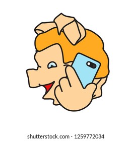 emoticon or emoji of fat pig man that is talking on the modern smartphone or mobile phone, well-fed piggy drawing, pork personage with thin outlines, funny porky cartoon character