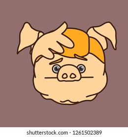 emoticon or emoji of fat pig man that is feeling woe or having a headache & covering his head with palm to reduce pain or check body temperature, well-fed piggy drawing, funny porky cartoon character