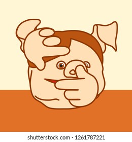 emoticon or emoji of fat pig man that looks at the scene through the frame mimicked with his hands, sepia colored picture with a male doing photographer gesture, well-fed piggy drawing