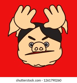 emoticon or emoji of fat pig man showing cuckold or horned husband gesture, gesturing character keeping his hands up at the level of his head to mimic moose or deer horns w. open palms