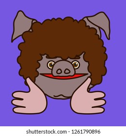 emoticon or emoji of fat pig man with curly afro hair that is showing jazz hands gesture like a meme, memetic pose with palms pointed left & right side, well-fed piggy drawing, eps 10 vector clip art