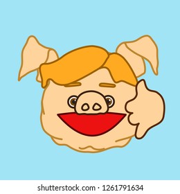 emoticon or emoji of fat pig man that shows a call me on the phone gesture that resembles a handset with a smile on his face to tell someone to stay in touch with him, well-fed piggy drawing