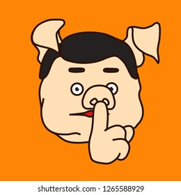 emoticon or emoji of fat pig man saying "Shhh" by using finger on mouth gesture to stop people talking or politely telling them to shut up & be quiet to keep silence, well-fed piggy drawing
