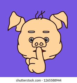 emoticon or emoji of fat pig man using finger on mouth gesture to stop ppl talking, character shushing "Shhh" to politely tell people to shut up & be quiet to keep silence, well-fed piggy drawing