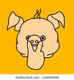 emoticon or emoji of fat pig man expressing "watching you" gesture with fingers pointing to eyes, well-fed piggy drawing, pork personage with thin outlines, funny porky cartoon character