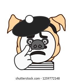 emoticon or emoji of fat pig panto mime mimicing crying expression w. face & gestures, pantomime artist w. white sad mask & tear makeup in traditional french costume, striped shirt & beret w. pompon