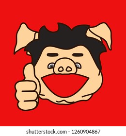 emoticon or emoji of fat pig person that shows a thumbs up gesture that means you're awesome on a picture for social networks & messengers that represents like or plus one hundred action button