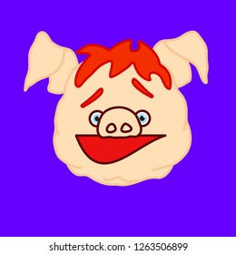 Emoticon Or Emoji Of Fat Pig Person That Got Caught Doing Smth Wrong & Biting Lip With Smirking Facial Expression & Raised Brows, Well-fed Piggy Drawing, Pork Personage With Thin Outlines