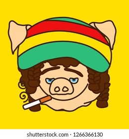 Emoticon Or Emoji Of Fat Pig Rastaman Wearing Rastafari Rastacap & Smoking Ciggy W. Marijuana Or Cannabis Joint, Light Drug User Rasta Man W. Curly Hair & Dreadlocks In Striped Cap Is High On Weed