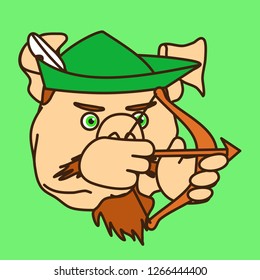 emoticon or emoji of fat pig Robin Hood shooting arrow from bow, classic folk character wearing medieval English hat, famous thug from Sherwood forest of Nottinghamshire during dark ages of England