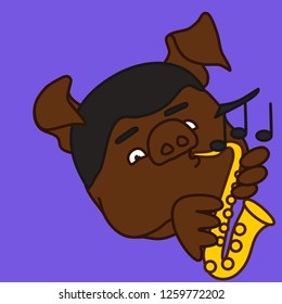 emoticon or emoji of fat pig saxophonist or jazzman that is playing jazz music while holding a saxophon or simply sax with hands, well-fed piggy drawing, pork personage with thin outlines