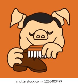 emoticon or emoji of fat pig shoe cleaner that is cleaning & polishing shoes with brush & blacking, well-fed piggy drawing, pork personage with thin outlines, funny porky cartoon character