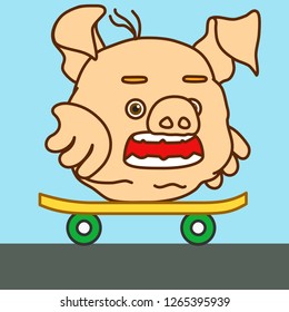 emoticon or emoji of fat pig skater newbie that is balancing on skateboard, practising novice skateboarder trying to stand on board for the first time, well-fed piggy drawing, eps 10 vector clip art