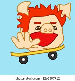 emoticon or emoji of fat pig skater boy that is doing a trick on skateboard, well-fed piggy drawing, pork personage with thin outlines, funny porky cartoon character, simple handdrawn illustration
