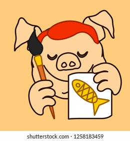 emoticon or emoji of fat pig watercolor artist with his drawing of a fish painted with brush on a list of paper, pork personage with thin outlines, funny porky cartoon character