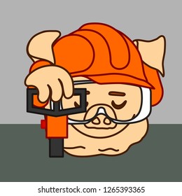 emoticon or emoji of fat pig worker with jackhammer that is demolishing concrete or asphalt, man wearing protective casque, safety glasses & headphones, well-fed piggy drawing, eps 10 vector clip art