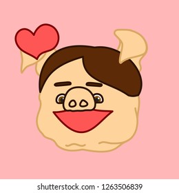 emoticon or emoji of flirting smiling fat pig boy who shows he is in love with a heart symbol flying above his head, well-fed piggy drawing, pork personage with thin outlines, eps 10 vector clip art