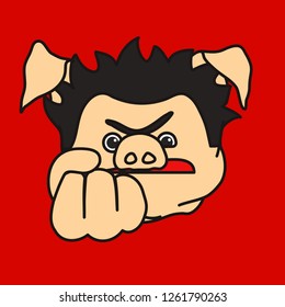 emoticon or emoji of furious & angry fat pig guy that shows a fist which means he's going to punch you in the face & kick your ass, well-fed piggy drawing, pork personage with thin outlines