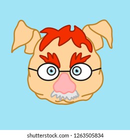 Emoticon Or Emoji Of Ginger Fat Pig Man That Is Wearing A Funny Fake Schnoz Nose Disguise With Mustache, Eyebrows & Glasses, Well-fed Piggy Drawing, Pork Personage With Thin Outlines