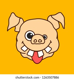 emoticon or emoji of goofy fat pig face with crooked teeth, differently sized eyes & stupid look that is sticking out tongue with silly & dumb facial expression, well-fed piggy drawing