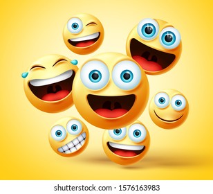 Emoticon and emoji group vector design. Emoticons cute face head group in happy, laughing, smiling, funny, and naughty facial expression while jumping in yellow background. Vector illustration.