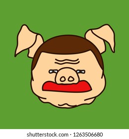 emoticon or emoji of grumpy disgusted fat pig guy with strict haircut & frowned brow, well-fed piggy drawing, pork personage with thin outlines, funny porky cartoon character, eps 10 vector clip art