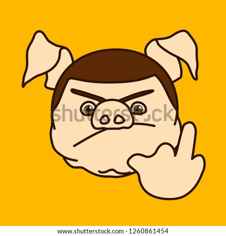 emoticon or emoji of grumpy fat pig guy that shows explicit middle finger gesture, well-fed piggy drawing, pork personage with thin outlines, funny porky cartoon character, eps 10 vector clip art