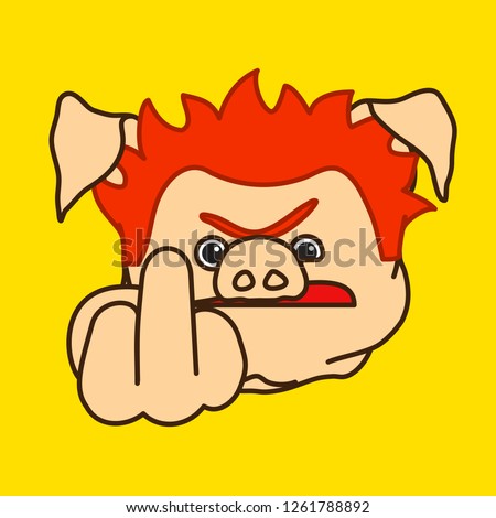 emoticon or emoji of grumpy fat pig character that shows explicit raised middle finger gesture representing a rude filthy language insult, well-fed piggy drawing, pork personage with thin outlines