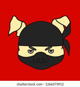 emoticon or emoji of grumpy ninja fat pig wearing a mask or hood, japanese assassin ready to kill on red background, well-fed piggy drawing, pork personage with thin outlines, eps 10 vector clip art