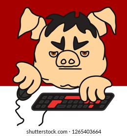 emoticon or emoji of grumpy pc gamer fat pig plays a personal computer game using mouse & keyboard, bored boy addicted to gaming grinds something in mmorpg virtual world for hours sitting on chair