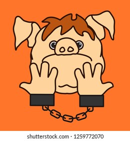 emoticon or emoji of Handcuffed fat pig man that is showing his hands, arrested male criminal suspect about to go to jail, upset guy under custody in handcuffs, well-fed piggy drawing