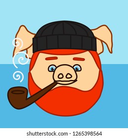 emoticon or emoji of happy aged sea wolf, experienced fisherman captain fat pig of fishing boat with strong beard wearing a knitted hat smokes pipe with curly smoke, well-fed piggy drawing