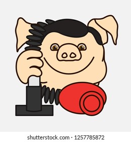 emoticon or emoji of happy fat pig man with a vacuum cleaner that is doing a dirt & dust cleaning job at home, well-fed piggy drawing, pork personage with thin outlines, funny porky cartoon character