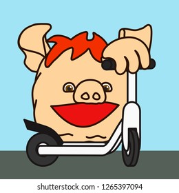 emoticon or emoji of happy fat pig kick scooter rider that is riding at the city street outdoors, well-fed piggy drawing, pork personage with thin outlines, funny porky cartoon character