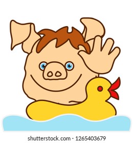 emoticon or emoji of happy fat pig boy swimming in a paddling water pool on inflatable rubber duck & holding his palm high in a greeting gesture, man says hi or hello while having a bath