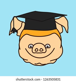 emoticon or emoji of happy graduate student fat pig, smiling guy that is wearing a graduation hat, well-fed piggy drawing, pork personage with thin outlines, funny porky cartoon character