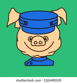 emoticon or emoji of happy hotel porter or doorman fat pig that is wearing standard uniform with jacket & a cap, well-fed piggy drawing, pork personage with thin outlines, eps 10 vector clip art