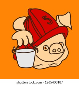emoticon or emoji of happy retro fireman or firefighter fat pig at work fighting the fire with water bucket wearing a safety helmet or casque, well-fed piggy drawing, pork personage with thin outlines