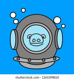 emoticon or emoji of happy smiling deep water or deep-sea diver fat pig wearing a heavy retro diving dress or pressure suit with metal helmet & air bubbles around, well-fed piggy drawing