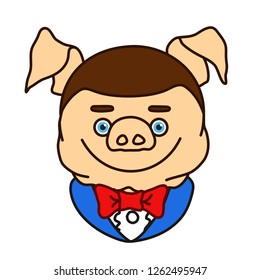 emoticon or emoji of happy smiling fat pig man that is wearing a tux or tuxedo with white collar shirt & a bowtie, well-fed piggy drawing, pork personage with thin outlines, eps 10 vector clip art