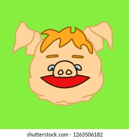 emoticon or emoji of happy smiling fat pig character with smirking facial expression & a smile on his face, well-fed piggy drawing, pork personage with thin outlines, simple handdrawn illustration