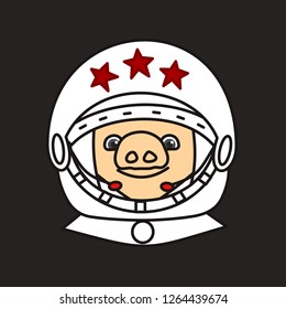 emoticon or emoji of happy smiling soviet cosmonaut fat pig, chinese or russian astronaut or nasa spaceman in a spacesuit or jump suit with an opened space helm decorated with five point stars